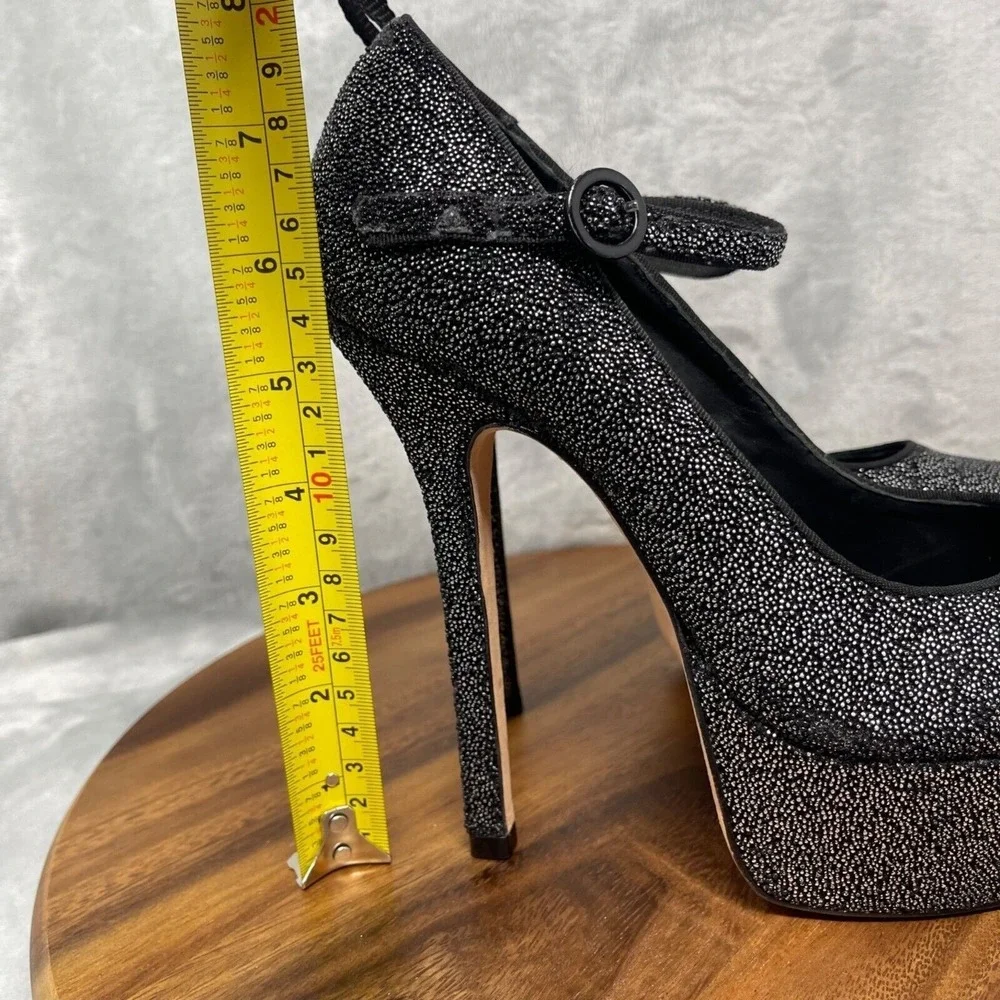 Alice + Olivia Heels 38 1/2 38.5 US 7.5 Black‎ Beaded Platform Ankle Strap Lynda